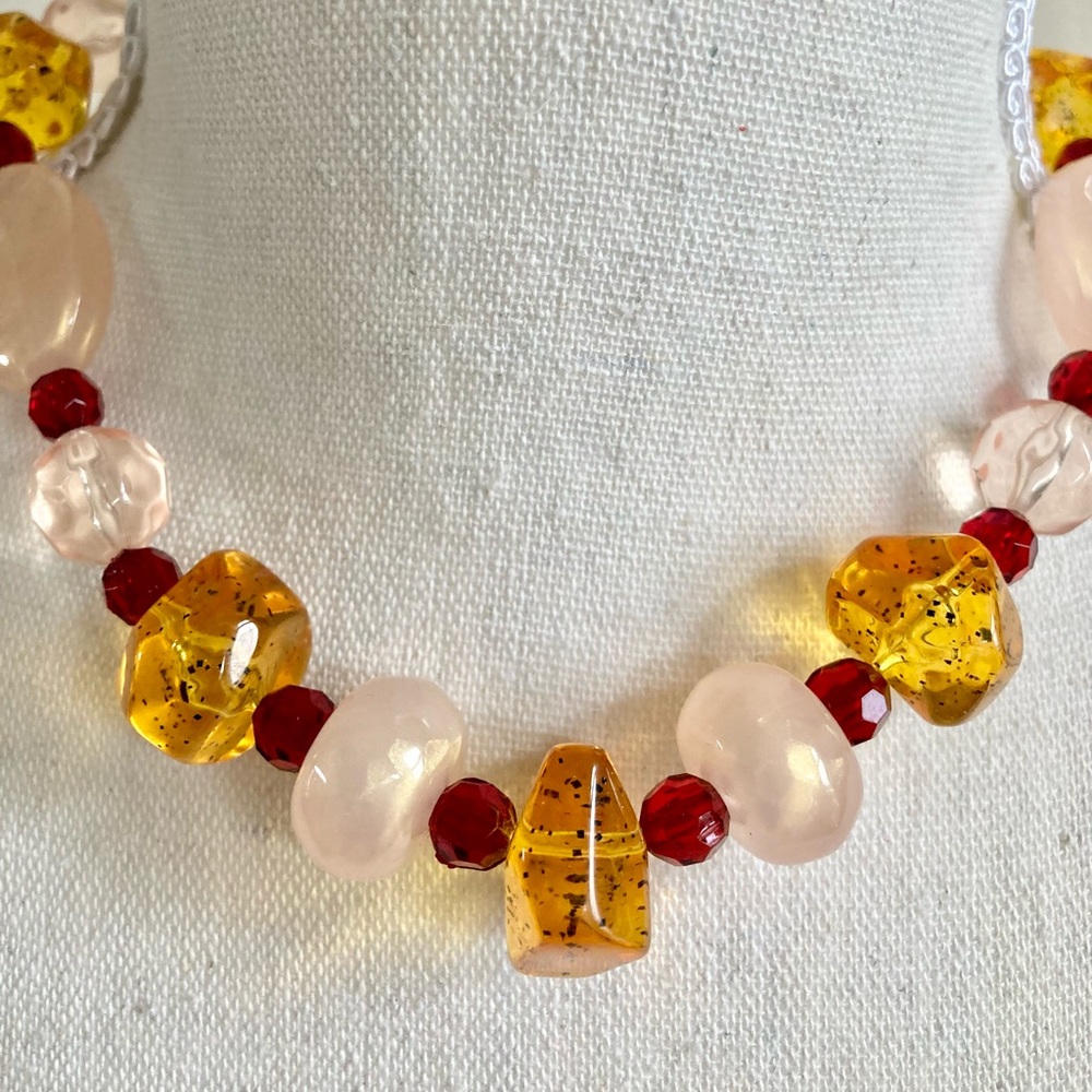 Vintage Amber Resin (faux) Clear & Iridescent Peach & Red Plastic Bead Necklace